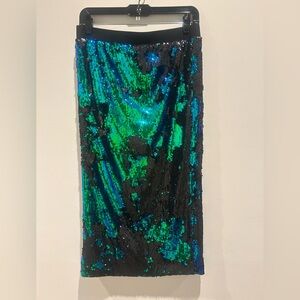 Le Superbe Midi Sequin Skirt in Green/Blue Size Large NWT